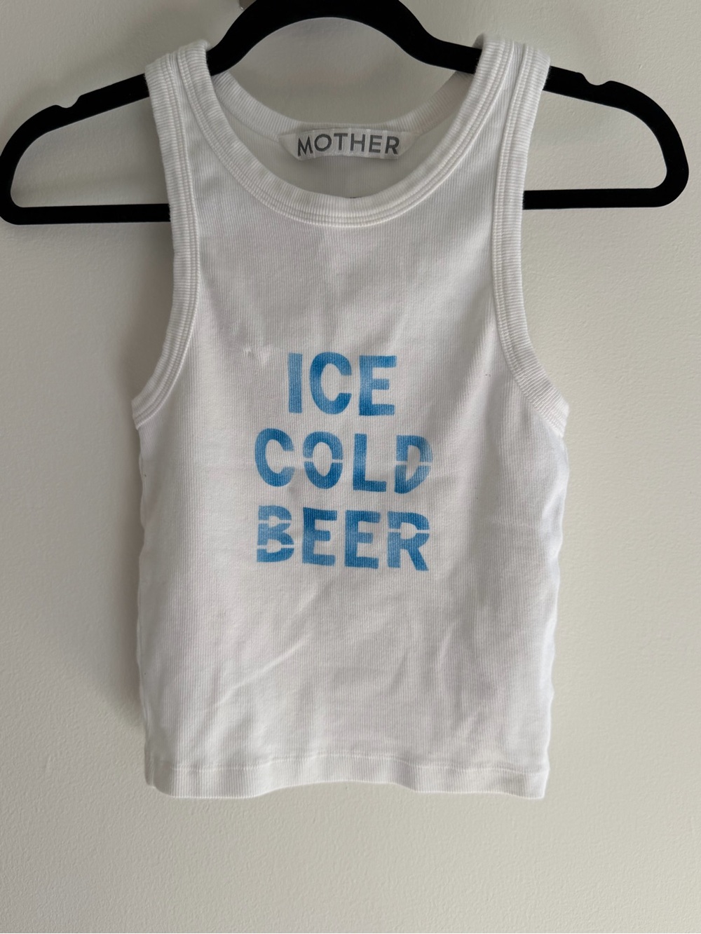 MOTHER women’s White Tank Top with Blue "ICE COLD BEER" Print